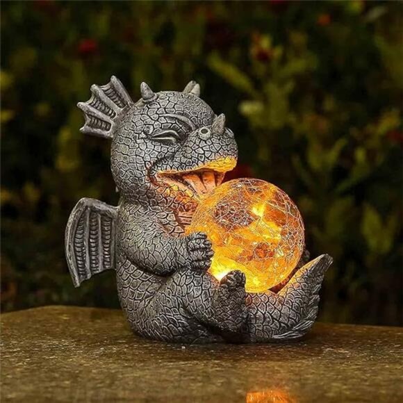 Garden Dragon Statues - Adorable Baby Resin Dragon Figurines, Holding Magic Orb - Picture 6 of 6